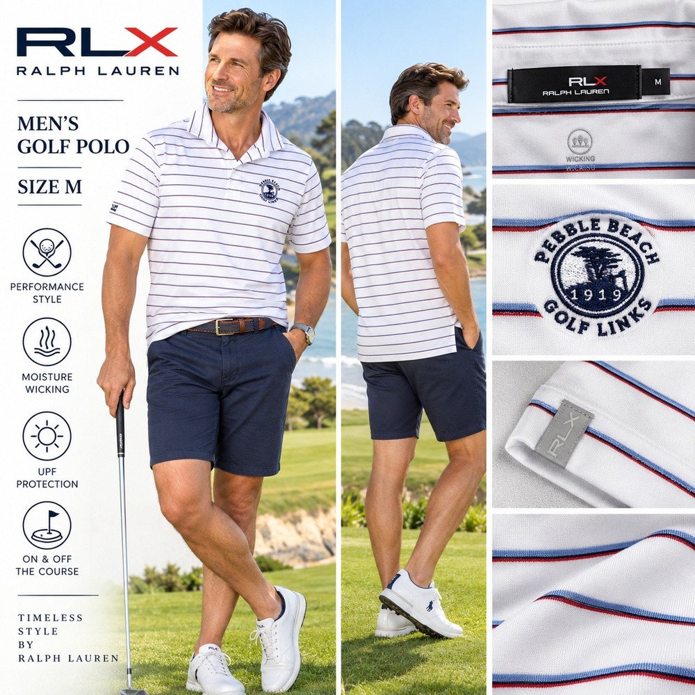 RLX Ralph Lauren Pebble Beach Golf Links Polo Mens Medium White Striped #1919